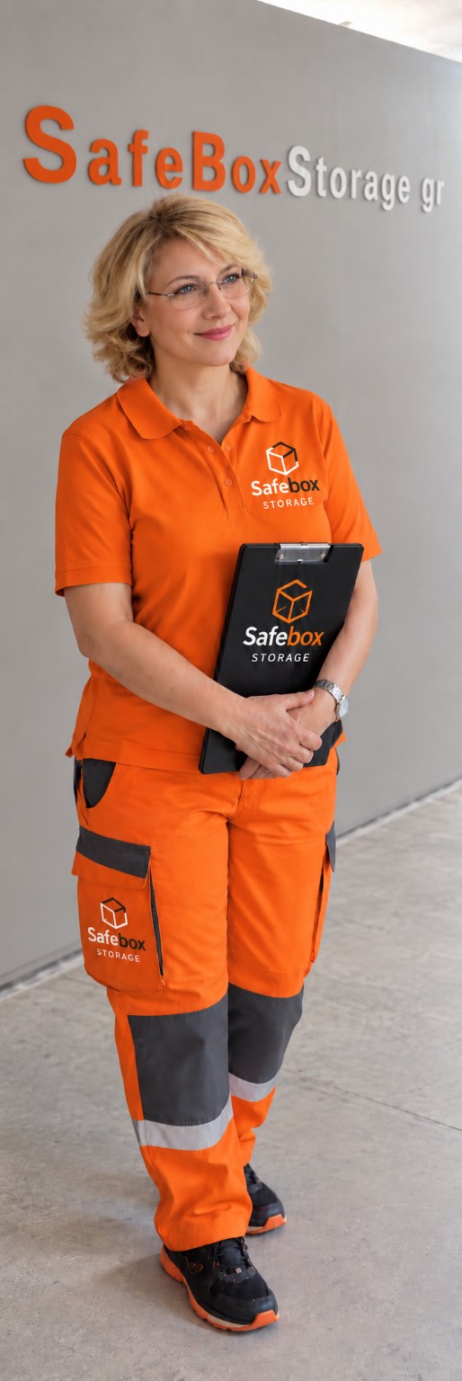 Μέλος της ομάδας SafeBox Storage με στολή εργασίας